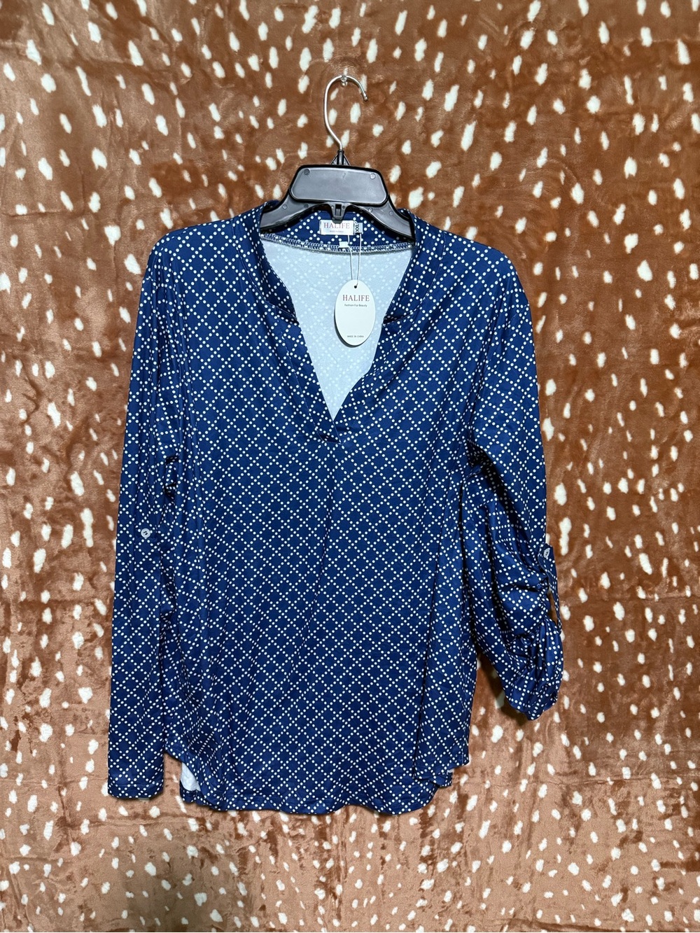 Halife Navy Blue Printed V-Neck Roll-Sleeve Blouse